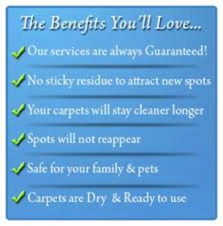the benefits you will love - services guaranteed - no sticky residue - spots will not reappear - safe for children & pets - carpets are dry and ready to use